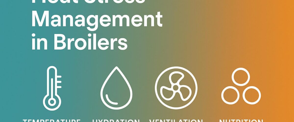 Heat stress management in broilers - professional infographic showing temperature control, hydration, ventilation and nutrition strategies